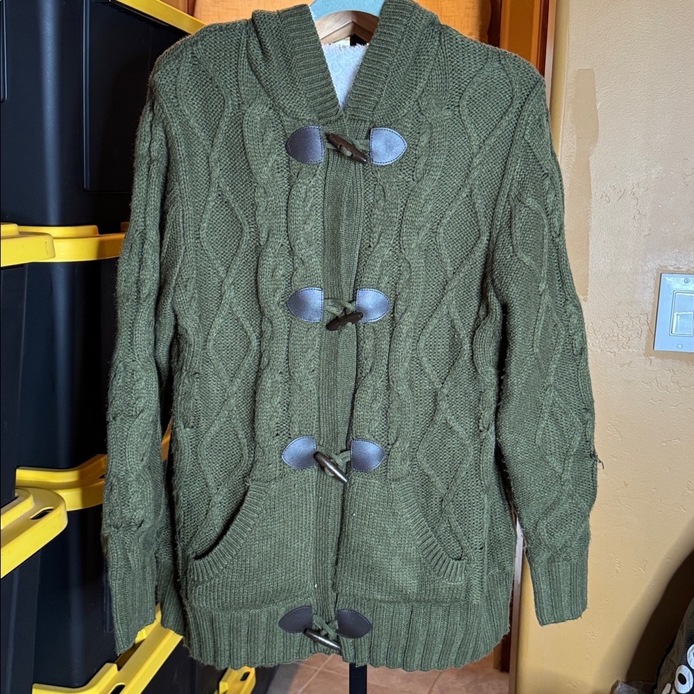 Sidefeel Hooded Cable Knit Cardigan Sherpa Lined Toggle Coat Green Size Large - Picture 7 of 14